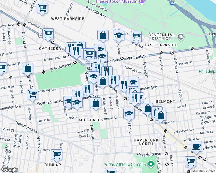 map of restaurants, bars, coffee shops, grocery stores, and more near 4602 Lancaster Avenue in Philadelphia
