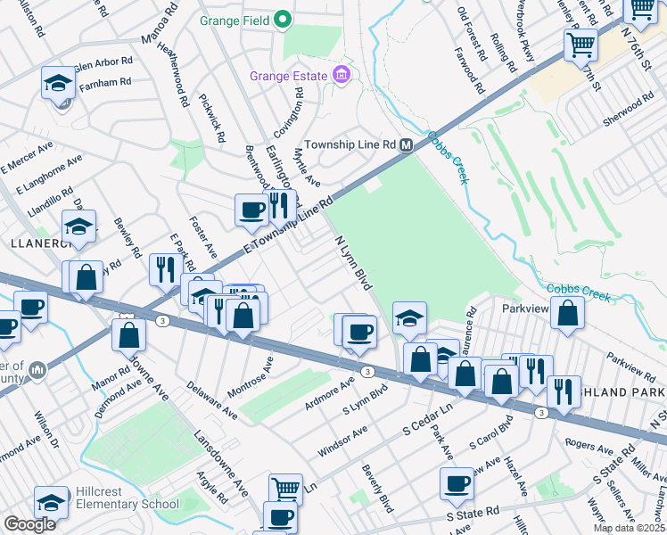 map of restaurants, bars, coffee shops, grocery stores, and more near 230 Parker Avenue in Upper Darby