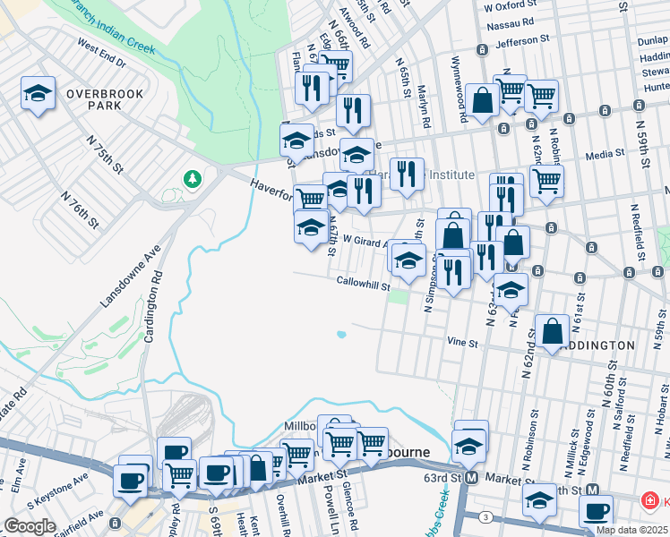 map of restaurants, bars, coffee shops, grocery stores, and more near 411 North 67th Street in Philadelphia