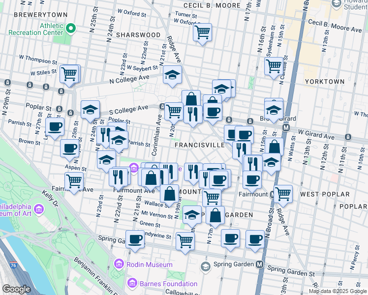 map of restaurants, bars, coffee shops, grocery stores, and more near 1911 Parrish Street in Philadelphia