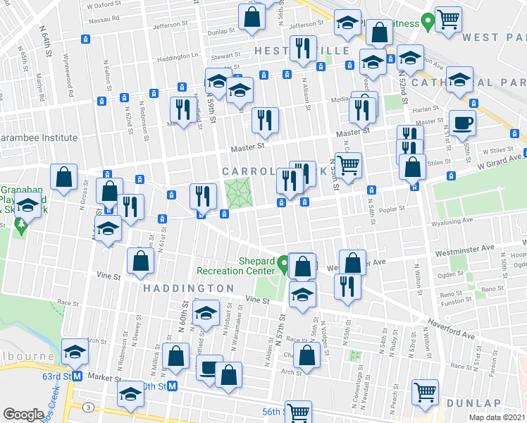 map of restaurants, bars, coffee shops, grocery stores, and more near 5732 West Girard Avenue in Philadelphia