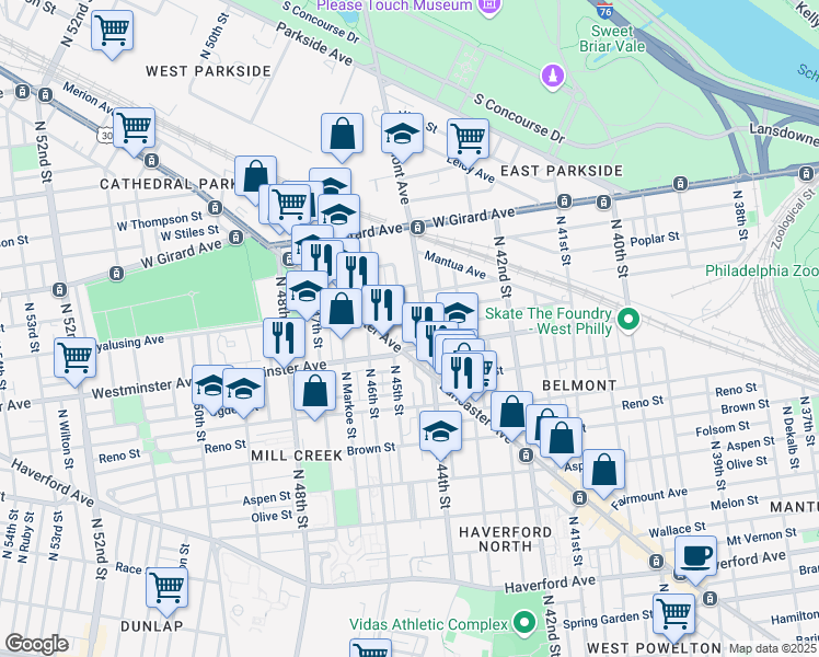 map of restaurants, bars, coffee shops, grocery stores, and more near 930 North 45th Street in Philadelphia