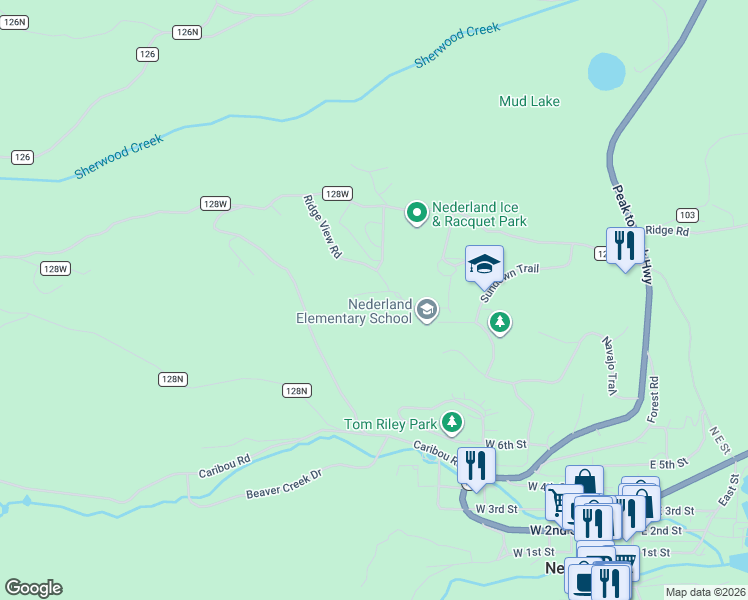 map of restaurants, bars, coffee shops, grocery stores, and more near 3 Ridge Road in Nederland