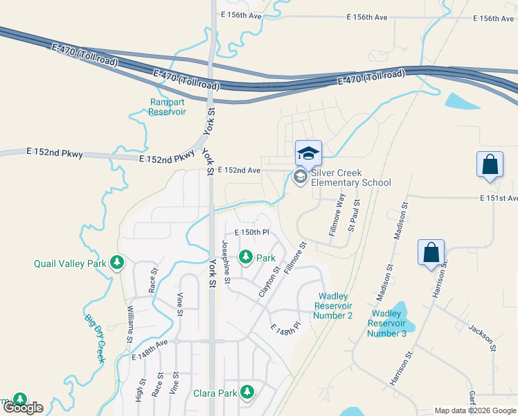 map of restaurants, bars, coffee shops, grocery stores, and more near 15092 Elizabeth Court in Thornton