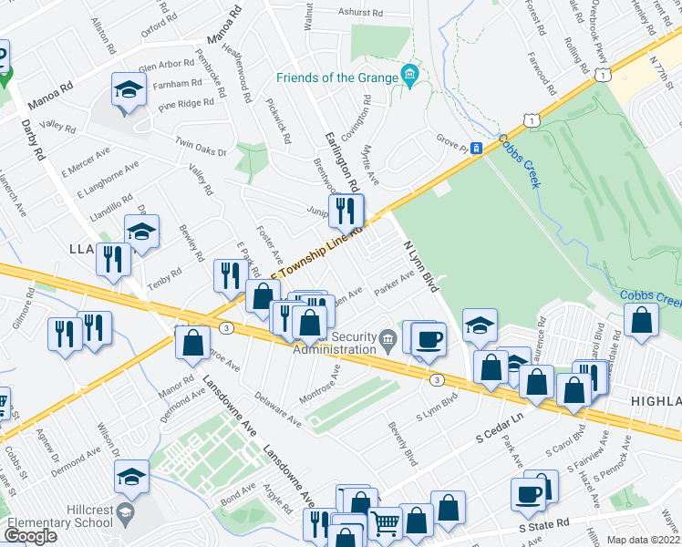 map of restaurants, bars, coffee shops, grocery stores, and more near 219 Magnolia Terrace in Delaware County
