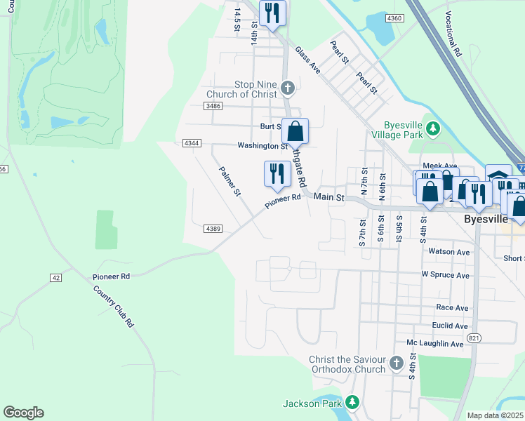 map of restaurants, bars, coffee shops, grocery stores, and more near County Highway 42 in Byesville