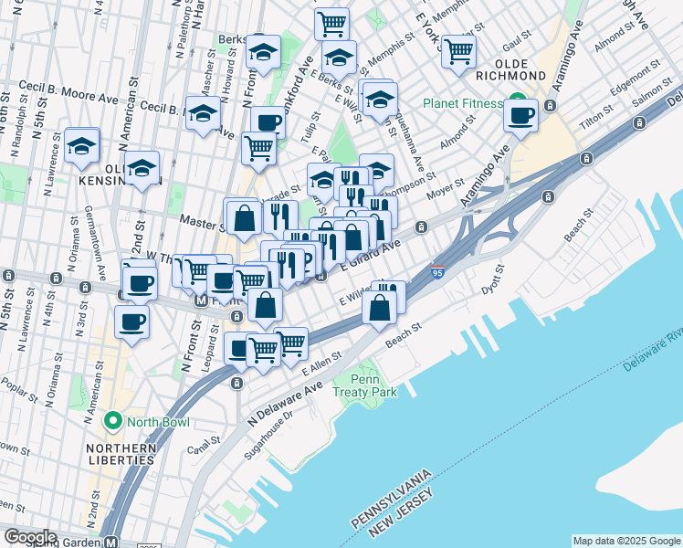 map of restaurants, bars, coffee shops, grocery stores, and more near in Philadelphia