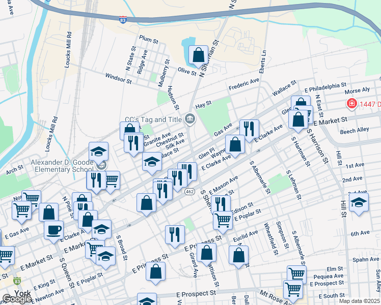 map of restaurants, bars, coffee shops, grocery stores, and more near 755 East Philadelphia Street in York