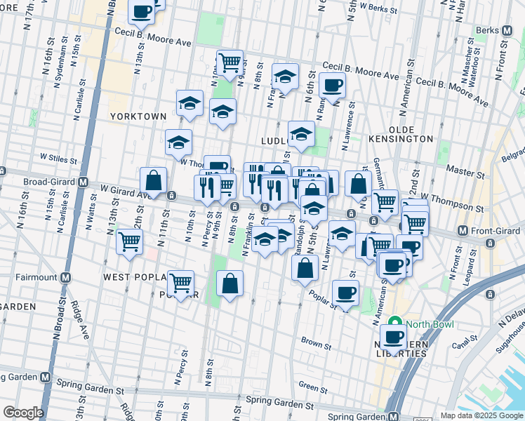 map of restaurants, bars, coffee shops, grocery stores, and more near 702 West Girard Avenue in Philadelphia