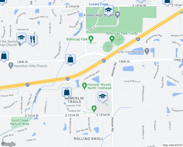 map of restaurants, bars, coffee shops, grocery stores, and more near 11056 Cool Winds Way in Fishers