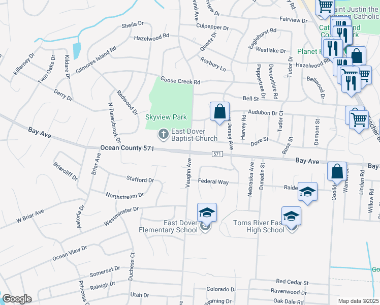 map of restaurants, bars, coffee shops, grocery stores, and more near Bay Ave & Vaughn Ave in Toms River