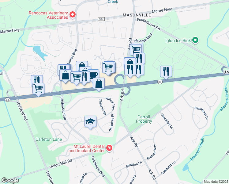 map of restaurants, bars, coffee shops, grocery stores, and more near 3110 New Jersey 38 in Mount Laurel Township