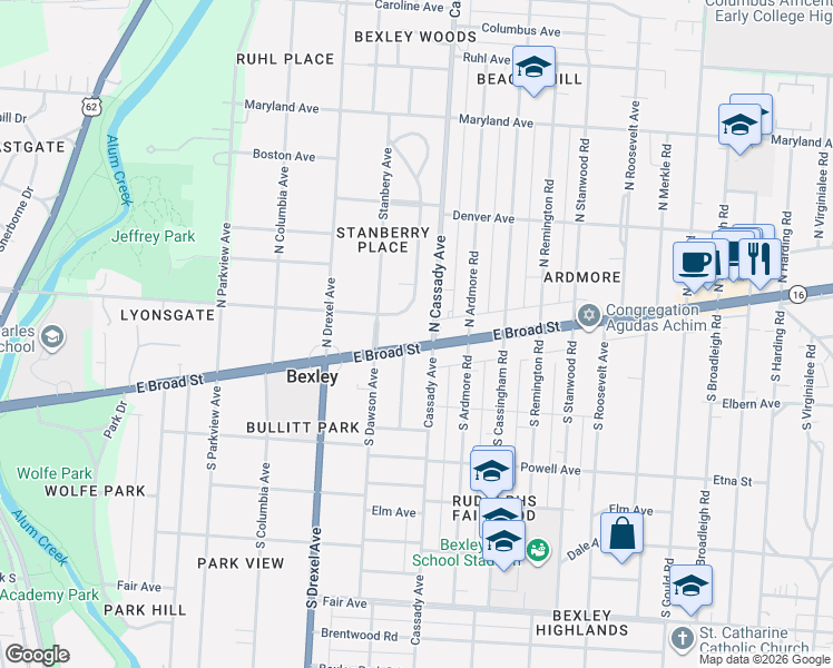 map of restaurants, bars, coffee shops, grocery stores, and more near 2520 East Broad Street in Columbus