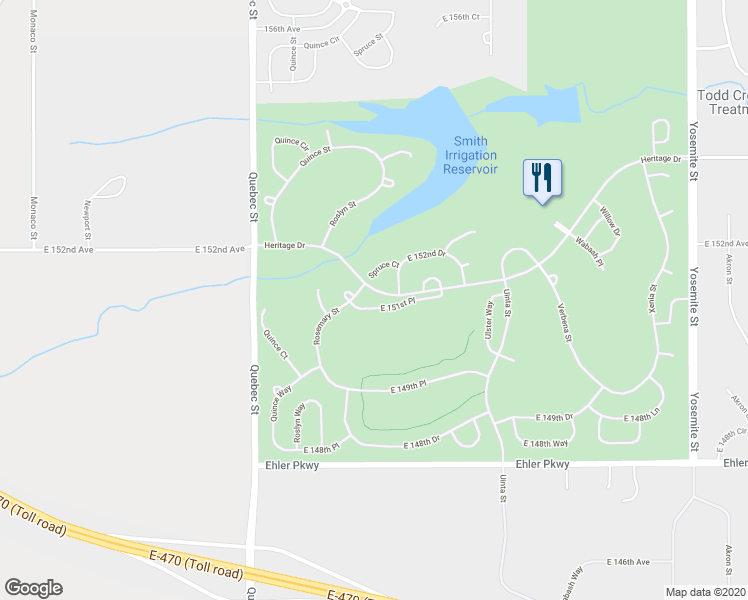 map of restaurants, bars, coffee shops, grocery stores, and more near 7713 East 151st Place in Thornton