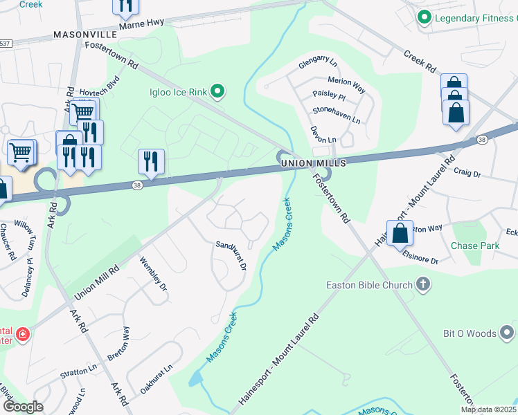map of restaurants, bars, coffee shops, grocery stores, and more near 1105 Yarmouth Lane in Mount Laurel Township