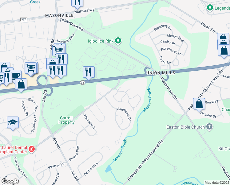 map of restaurants, bars, coffee shops, grocery stores, and more near 3807A Fenwick Lane in Mount Laurel Township