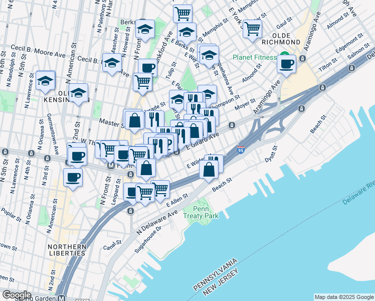map of restaurants, bars, coffee shops, grocery stores, and more near in Philadelphia