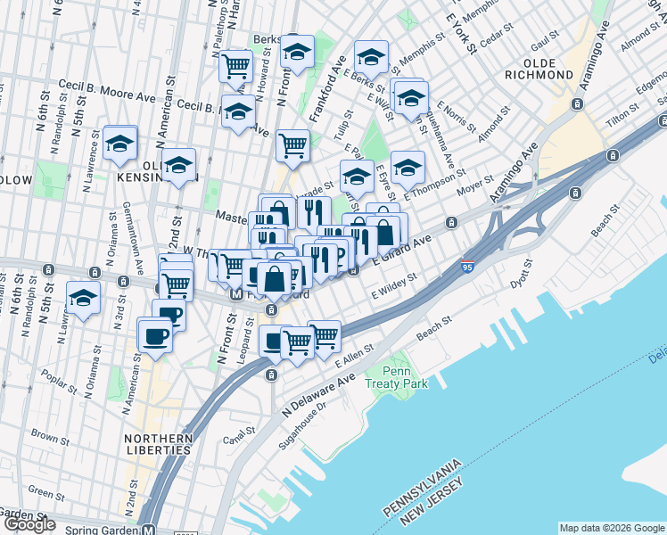 map of restaurants, bars, coffee shops, grocery stores, and more near 1223 Marlborough Street in Philadelphia