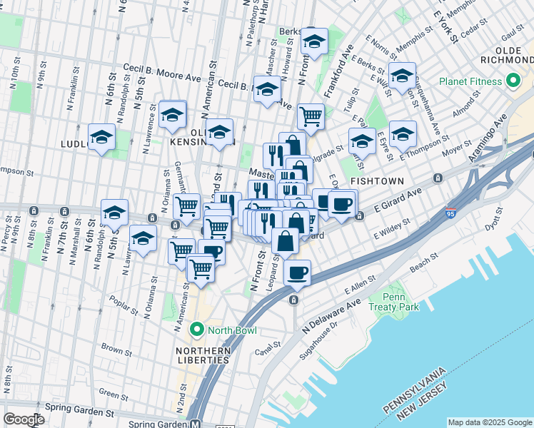 map of restaurants, bars, coffee shops, grocery stores, and more near 1257 North Howard Street in Philadelphia