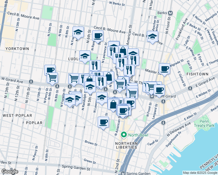 map of restaurants, bars, coffee shops, grocery stores, and more near in Philadelphia