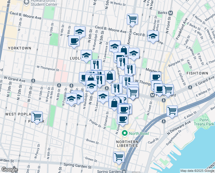 map of restaurants, bars, coffee shops, grocery stores, and more near in Philadelphia