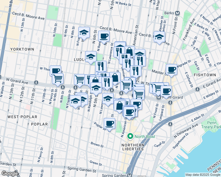 map of restaurants, bars, coffee shops, grocery stores, and more near in Philadelphia