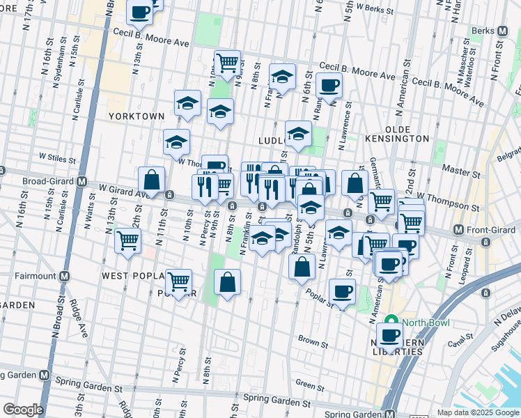 map of restaurants, bars, coffee shops, grocery stores, and more near 702 West Girard Avenue in Philadelphia