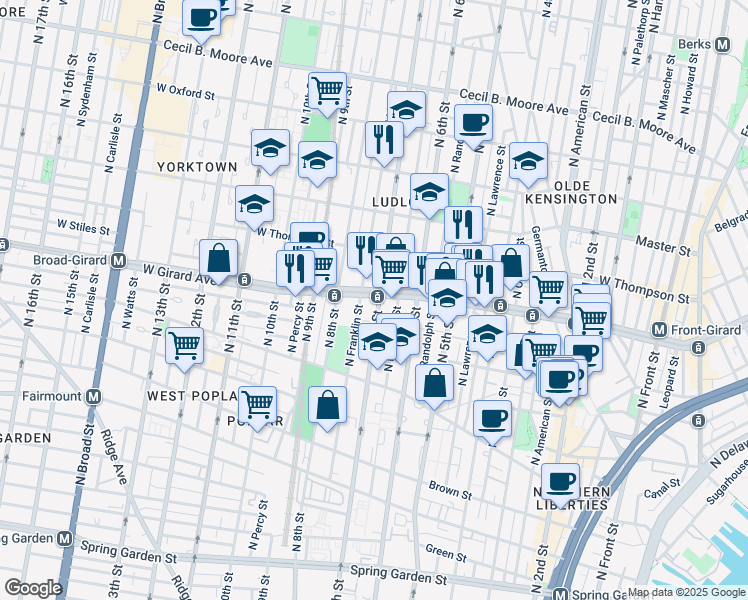 map of restaurants, bars, coffee shops, grocery stores, and more near in Philadelphia