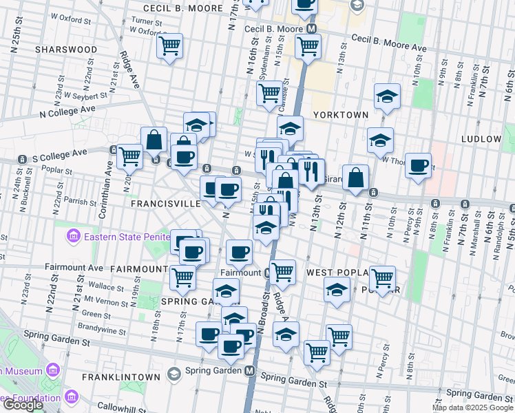 map of restaurants, bars, coffee shops, grocery stores, and more near in Philadelphia