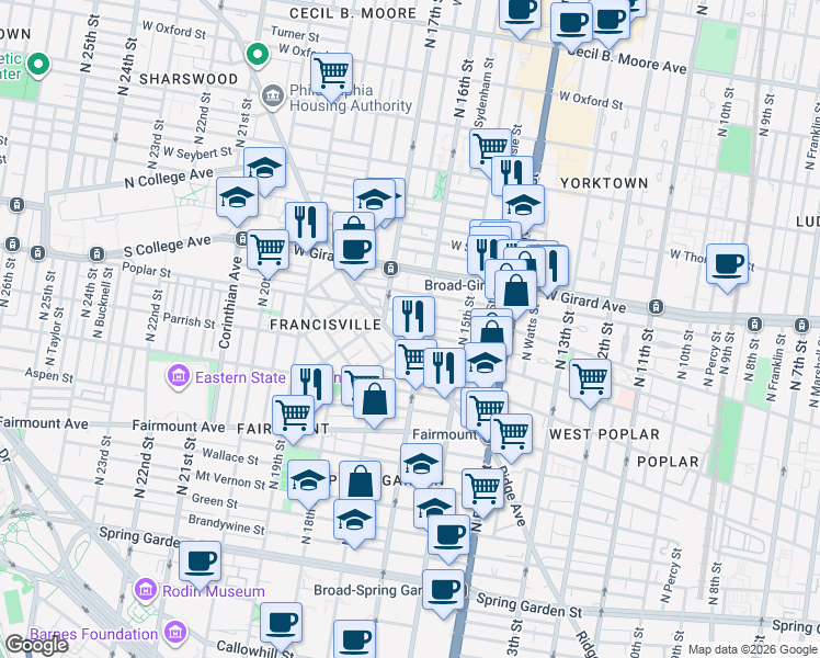 map of restaurants, bars, coffee shops, grocery stores, and more near 1606 Poplar Street in Philadelphia