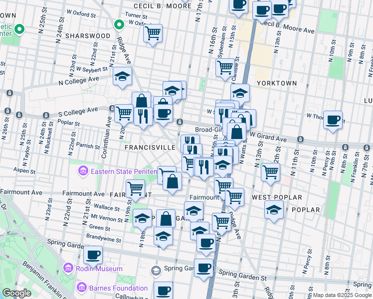map of restaurants, bars, coffee shops, grocery stores, and more near 1606 Poplar Street in Philadelphia