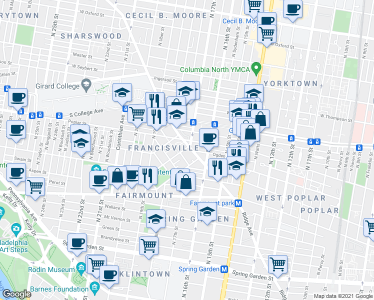 map of restaurants, bars, coffee shops, grocery stores, and more near 1700 Ridge Avenue in Philadelphia