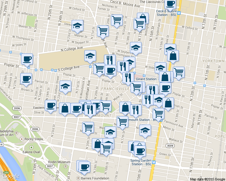 map of restaurants, bars, coffee shops, grocery stores, and more near in Philadelphia
