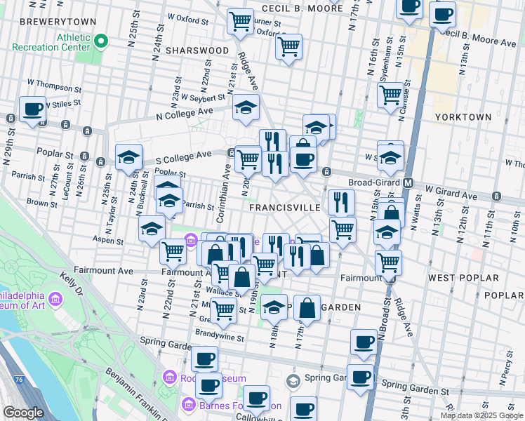 map of restaurants, bars, coffee shops, grocery stores, and more near 1911 Parrish Street in Philadelphia