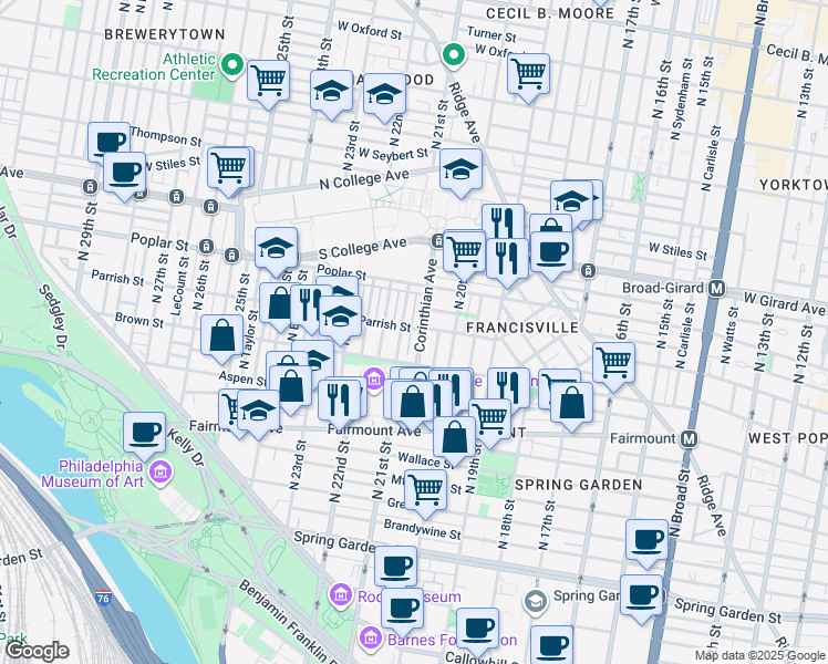 map of restaurants, bars, coffee shops, grocery stores, and more near 850 Corinthian Avenue in Philadelphia