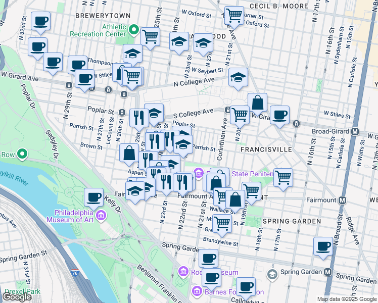 map of restaurants, bars, coffee shops, grocery stores, and more near 827 North 22nd Street in Philadelphia