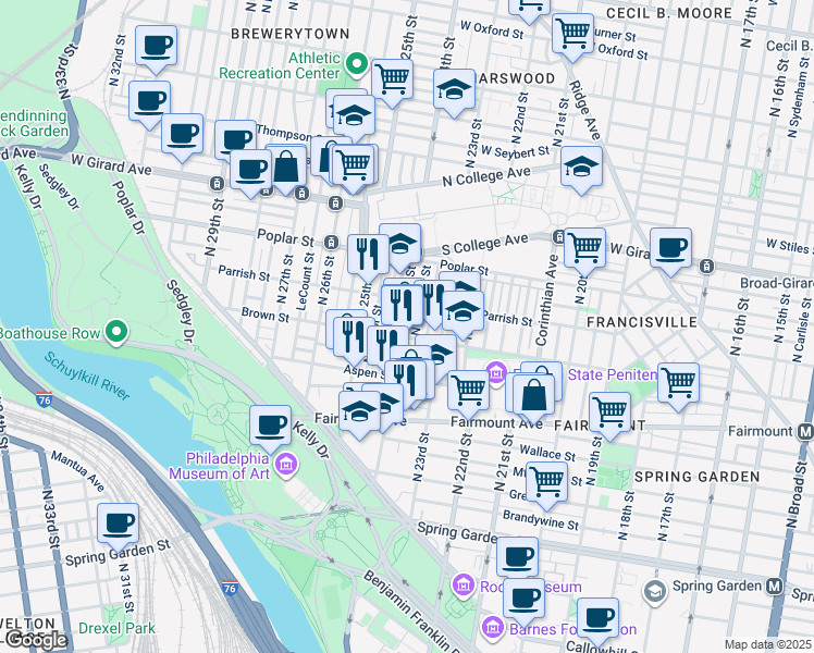 map of restaurants, bars, coffee shops, grocery stores, and more near 822 North Judson Street in Philadelphia