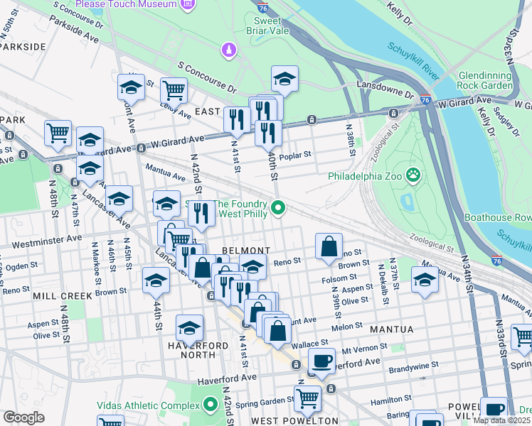 map of restaurants, bars, coffee shops, grocery stores, and more near 885 North Preston Street in Philadelphia