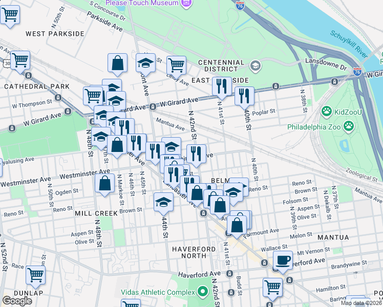 map of restaurants, bars, coffee shops, grocery stores, and more near 918 North 42nd Street in Philadelphia