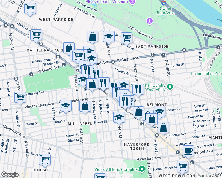 map of restaurants, bars, coffee shops, grocery stores, and more near 930 North 45th Street in Philadelphia