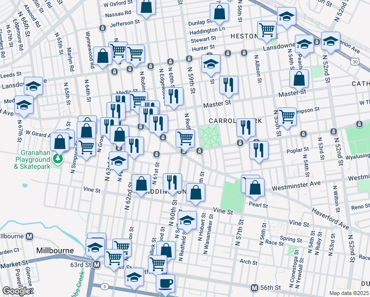map of restaurants, bars, coffee shops, grocery stores, and more near 1212 North Redfield Street in Philadelphia