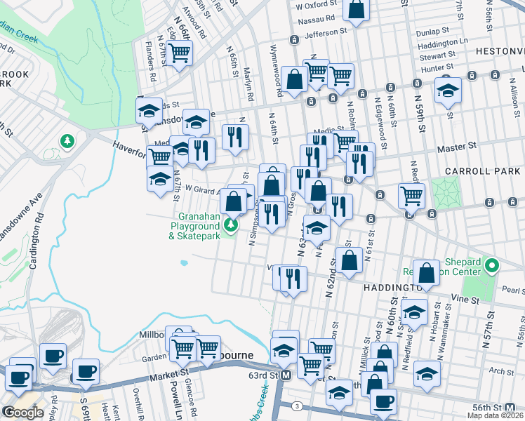 map of restaurants, bars, coffee shops, grocery stores, and more near 436 North 64th Street in Philadelphia