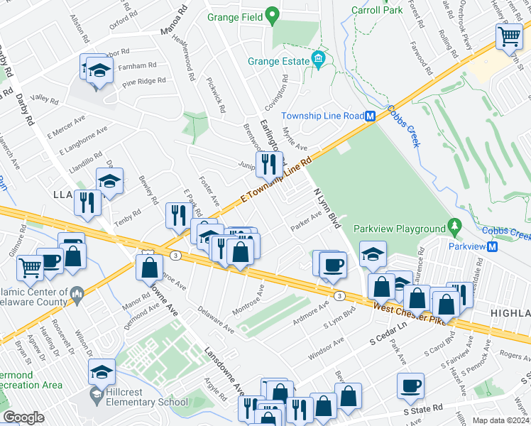 map of restaurants, bars, coffee shops, grocery stores, and more near 219 Magnolia Terrace in Delaware County