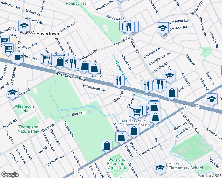 map of restaurants, bars, coffee shops, grocery stores, and more near 4 Westwood Park Drive in Havertown