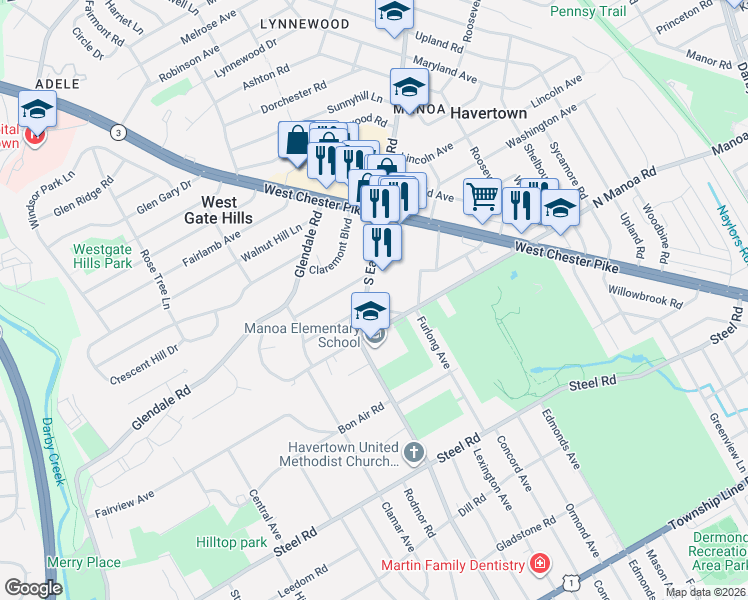 map of restaurants, bars, coffee shops, grocery stores, and more near 117 South Eagle Road in Havertown