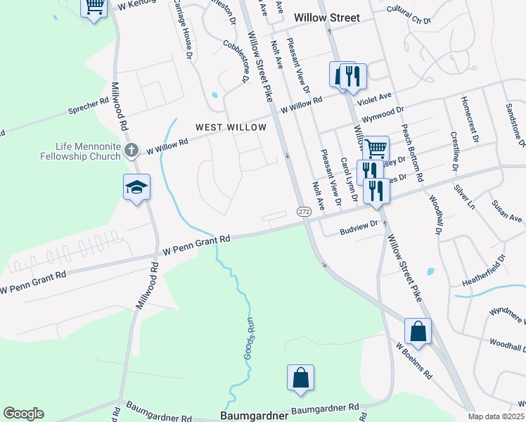 map of restaurants, bars, coffee shops, grocery stores, and more near 29 Southside Drive in Willow Street