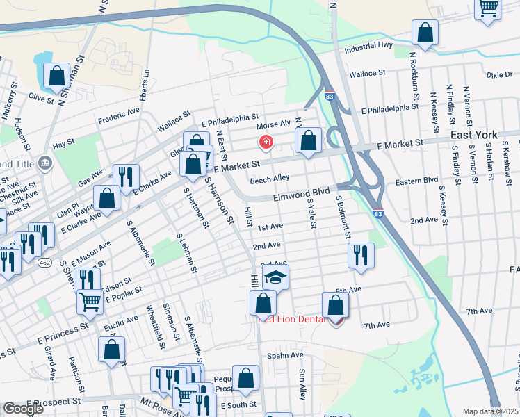 map of restaurants, bars, coffee shops, grocery stores, and more near 104 Elmwood Boulevard in York