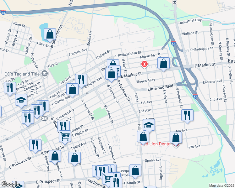 map of restaurants, bars, coffee shops, grocery stores, and more near 1232 East King Street in York