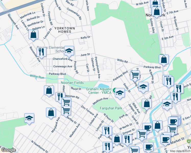 map of restaurants, bars, coffee shops, grocery stores, and more near 704 Priority Road in York