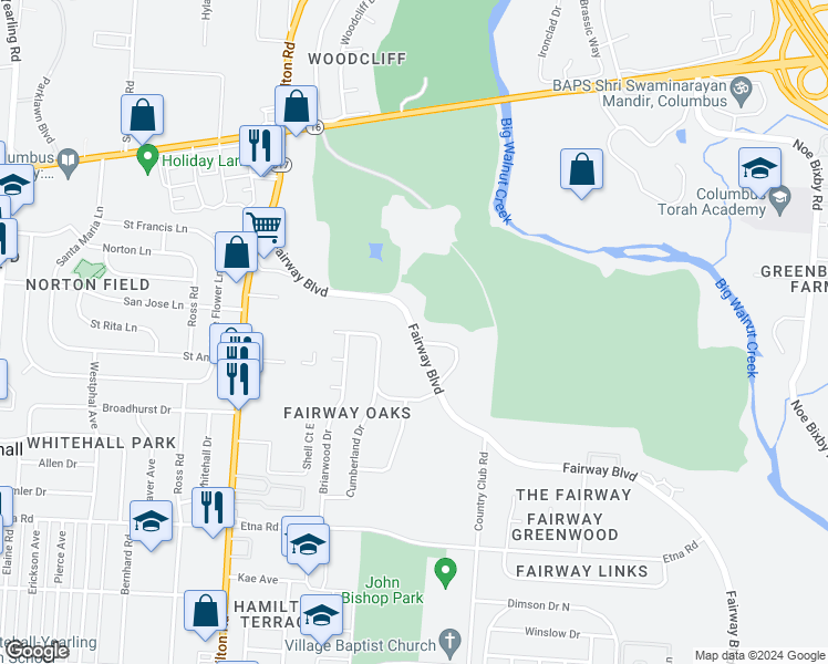 map of restaurants, bars, coffee shops, grocery stores, and more near 291 Fairway Boulevard in Columbus